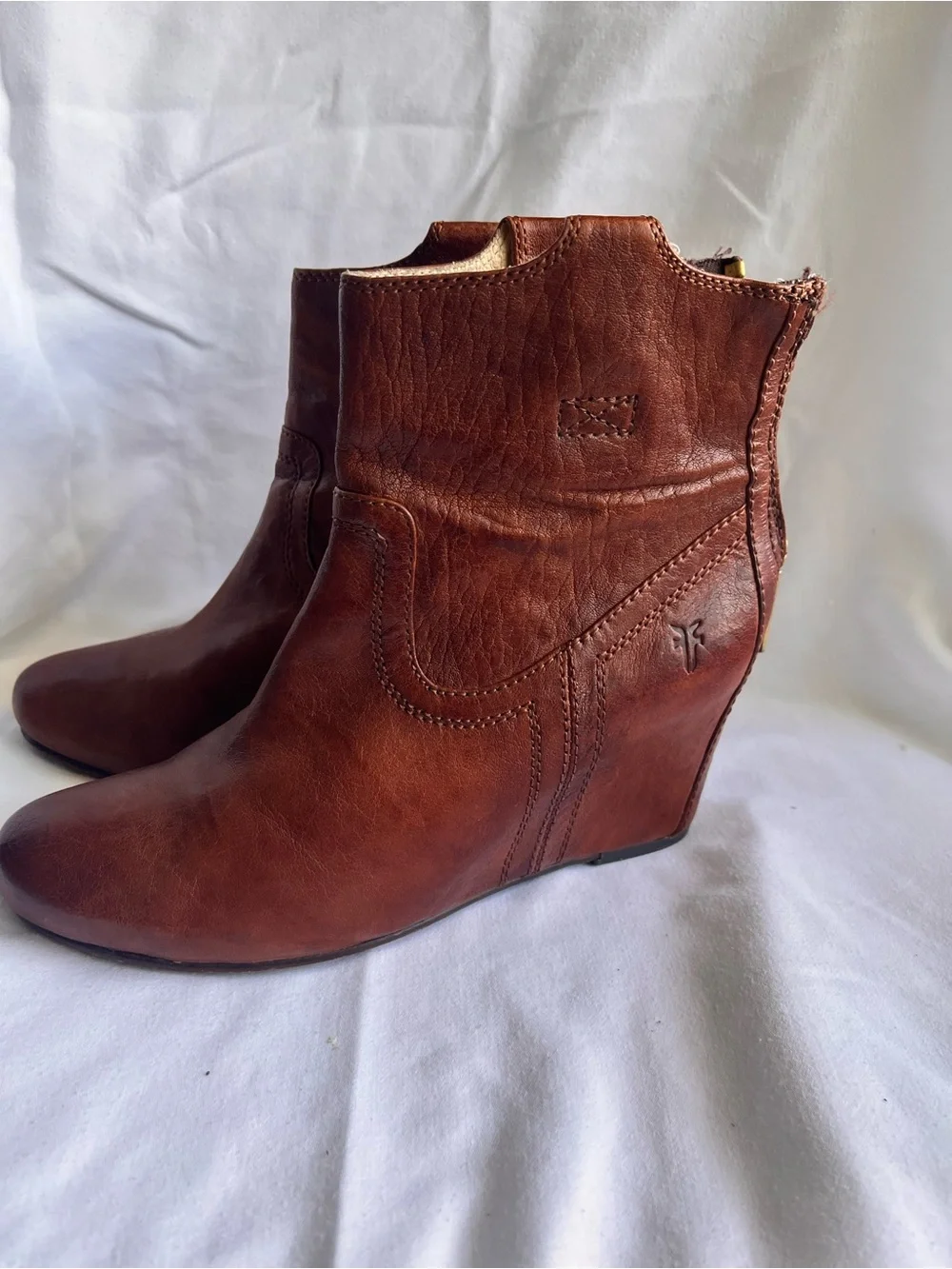 Frye Cognac Leather Wedge Ankle Boots